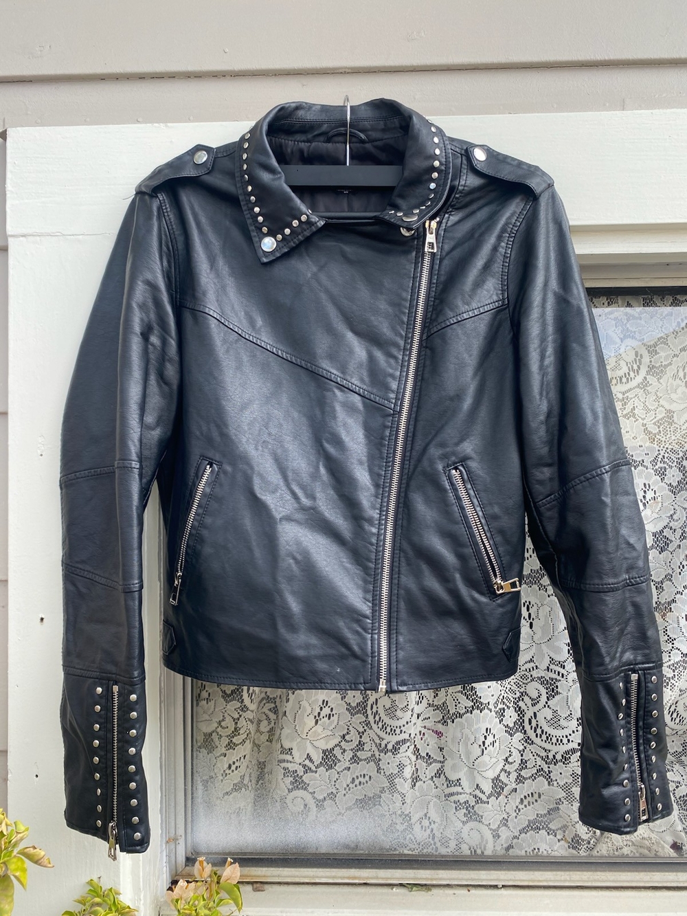bebe Black Studded Leather Biker Jacket